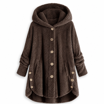 Vinterfrakk for kvinner i solid farge med asymmetrisk knappelukking og myk, fluffy fleece