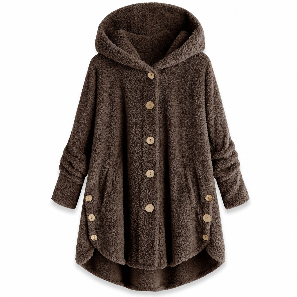 Vinterfrakk for kvinner i solid farge med asymmetrisk knappelukking og myk, fluffy fleece