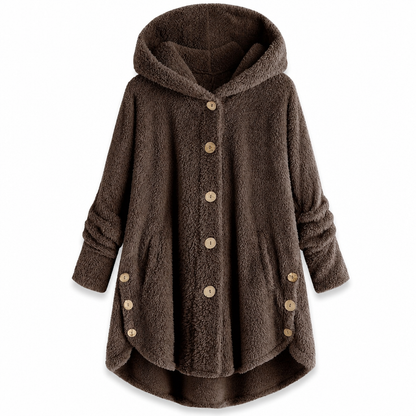 Vinterfrakk for kvinner i solid farge med asymmetrisk knappelukking og myk, fluffy fleece