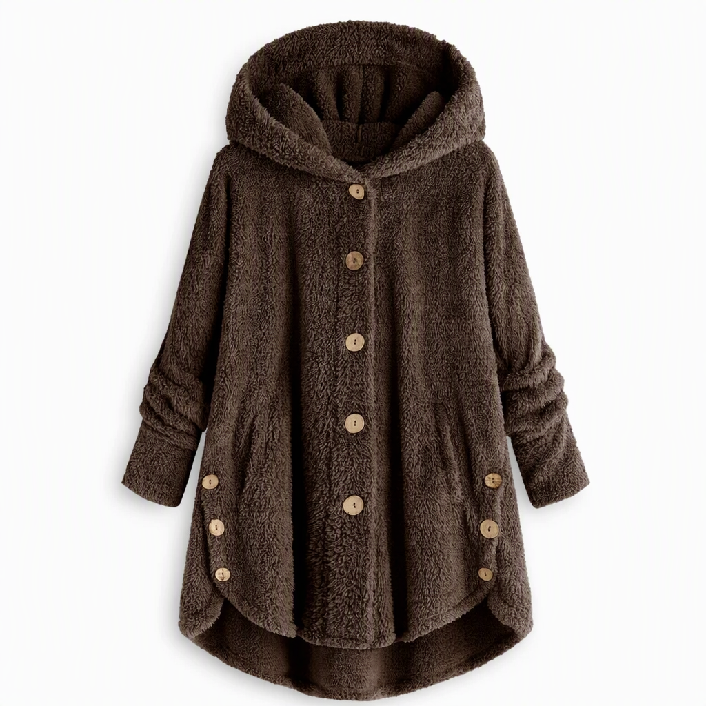 Vinterfrakk for kvinner i solid farge med asymmetrisk knappelukking og myk, fluffy fleece
