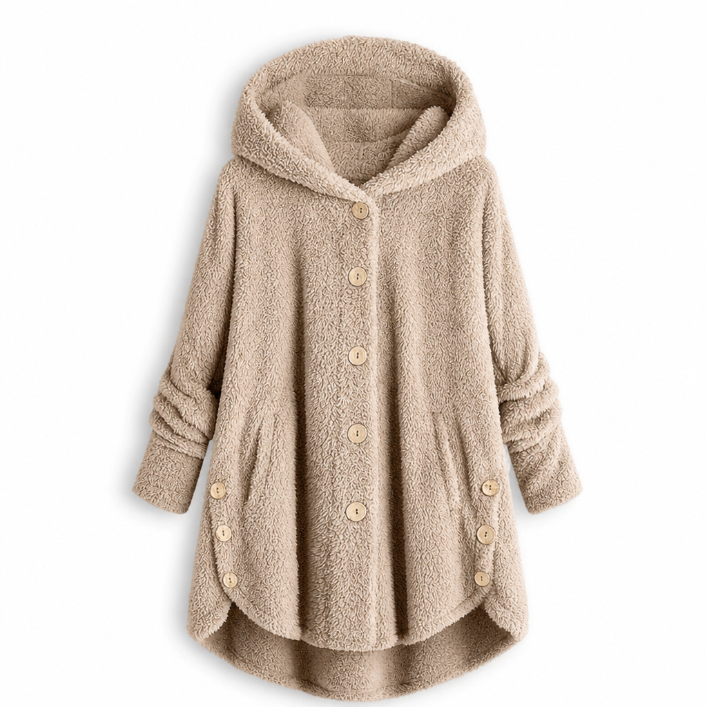 Vinterfrakk for kvinner i solid farge med asymmetrisk knappelukking og myk, fluffy fleece