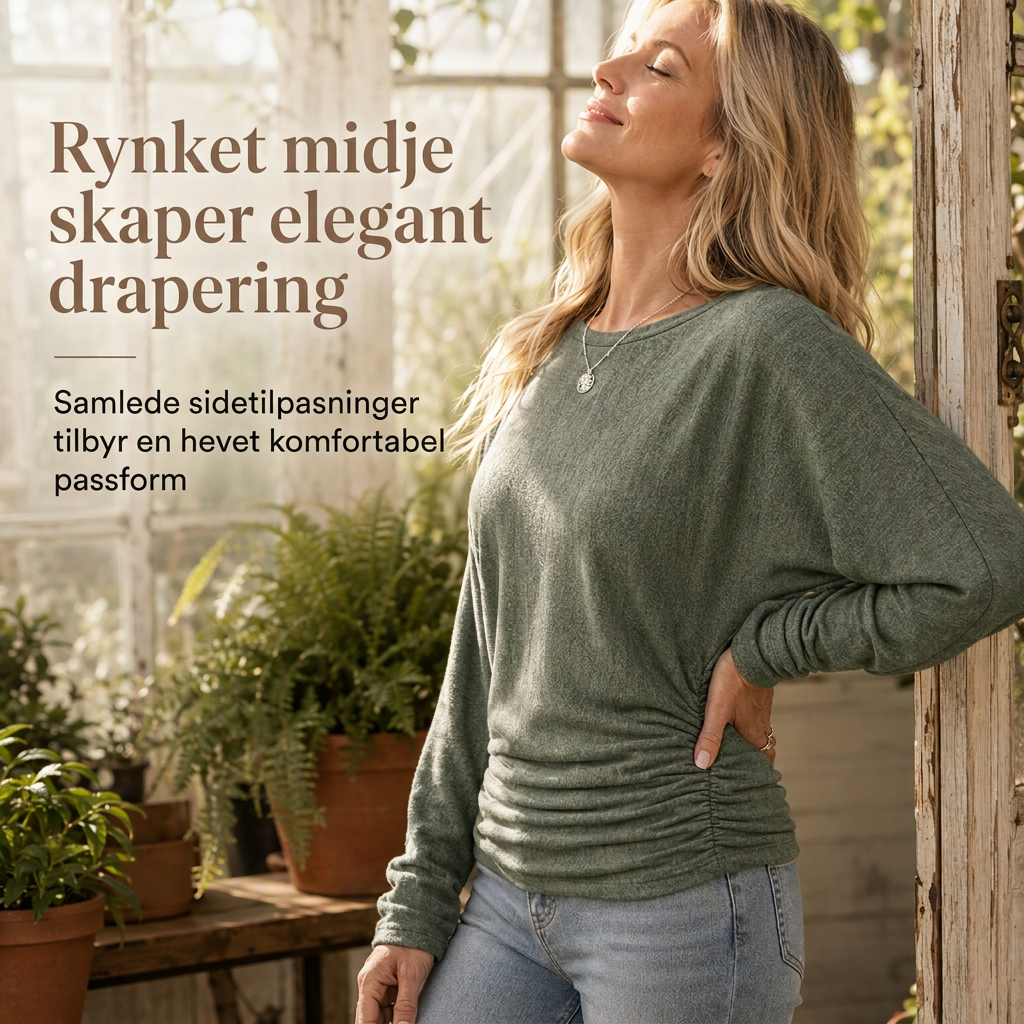 Avslappet og løs genser for kvinner med rund hals, lange ermer, droppede skuldre, batwing-ermer og rynket design på sidene