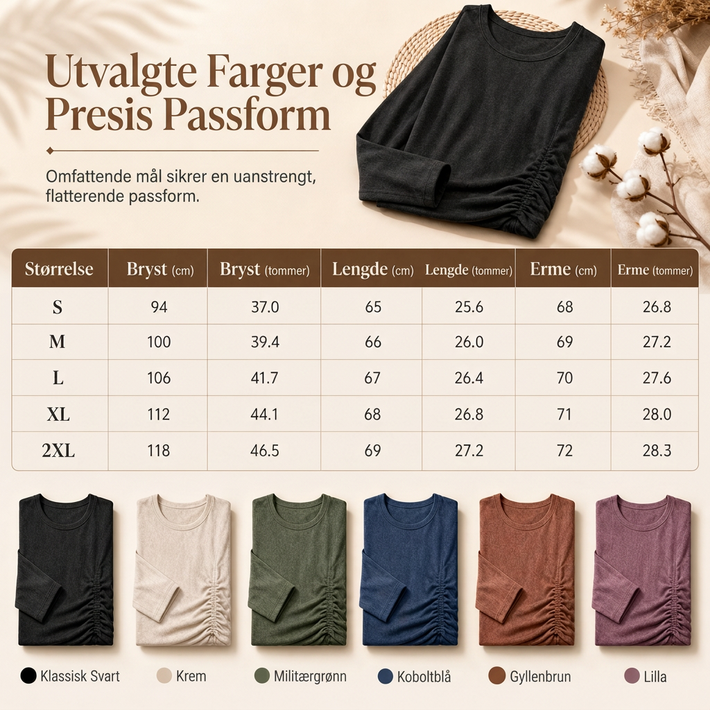 Avslappet og løs genser for kvinner med rund hals, lange ermer, droppede skuldre, batwing-ermer og rynket design på sidene
