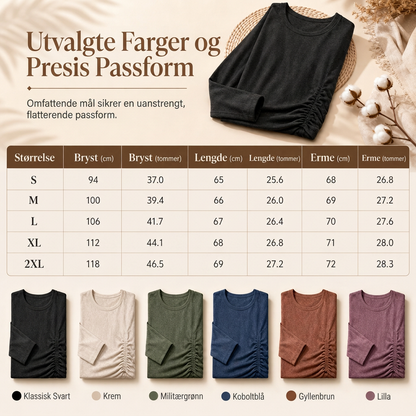 Avslappet og løs genser for kvinner med rund hals, lange ermer, droppede skuldre, batwing-ermer og rynket design på sidene