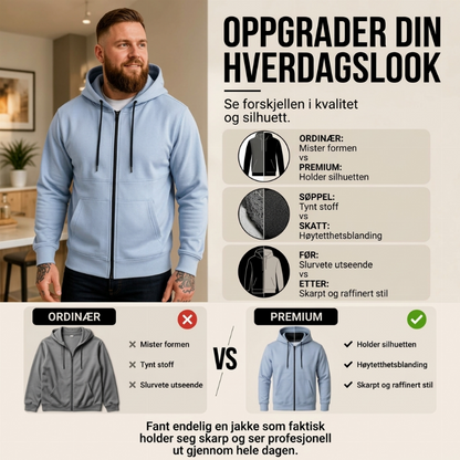 Avslående og varm jakke med glidelås og hette for menn