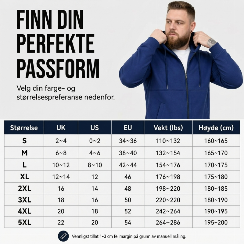 Avslående og varm jakke med glidelås og hette for menn