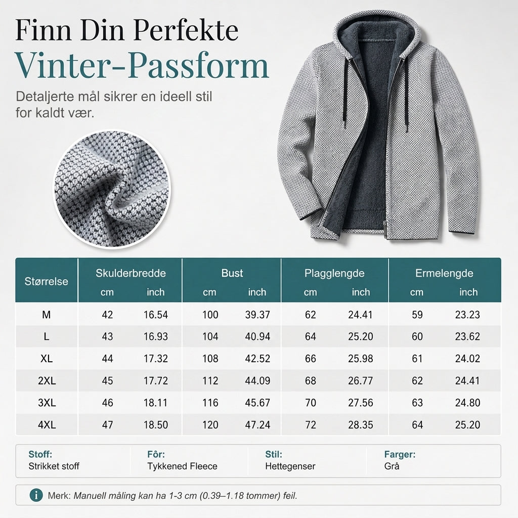 Vinterjakke for menn, plaidstrikket genser med hette, for og foret med fleece, tykk og langermet