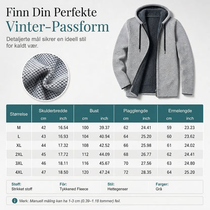 Vinterjakke for menn, plaidstrikket genser med hette, for og foret med fleece, tykk og langermet