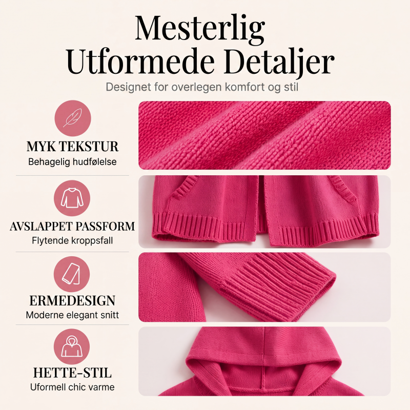 Strikket kardigan med hette og 3/4 ermer for kvinner