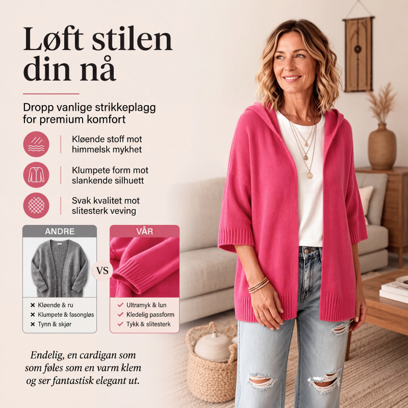 Strikket kardigan med hette og 3/4 ermer for kvinner