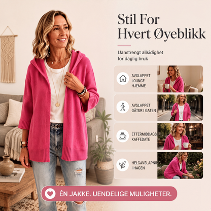 Strikket kardigan med hette og 3/4 ermer for kvinner