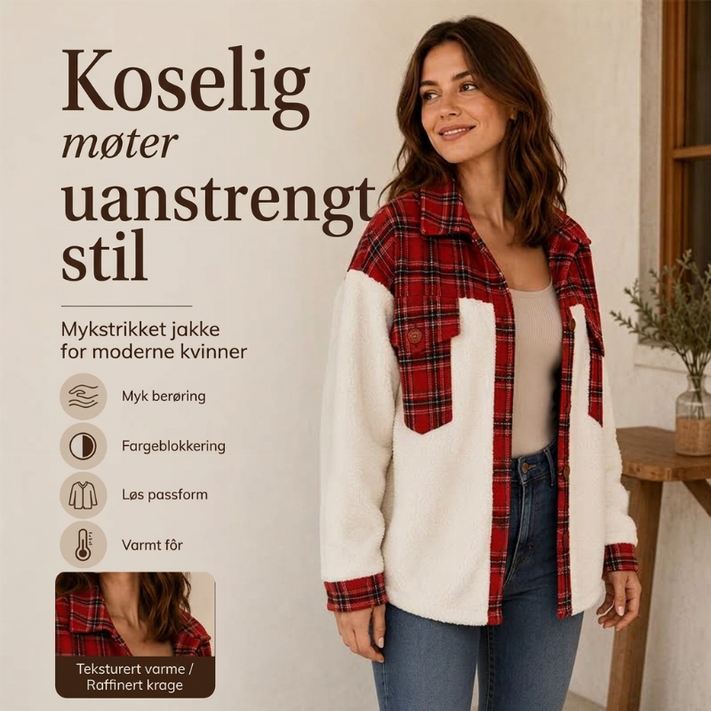 Flammeskjort-jakke i pløsd for kvinner, med knapper og lappete