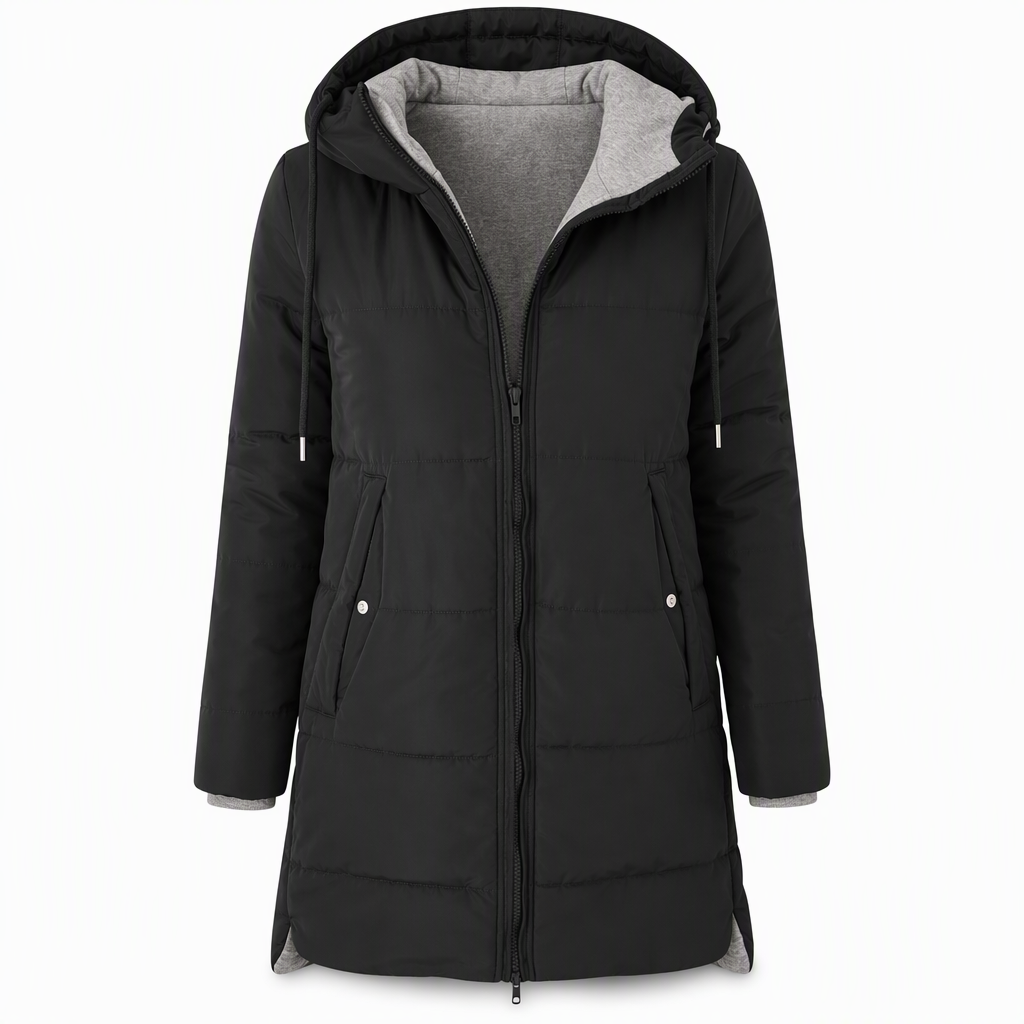 Dameslimfittet, lang vinterjakke med hette 🧥
