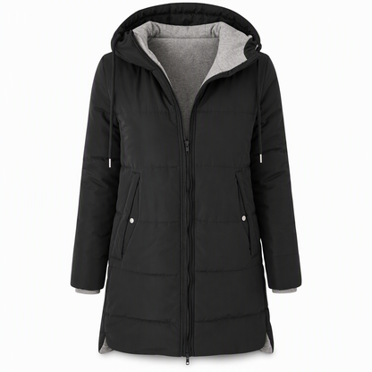 Dameslimfittet, lang vinterjakke med hette 🧥