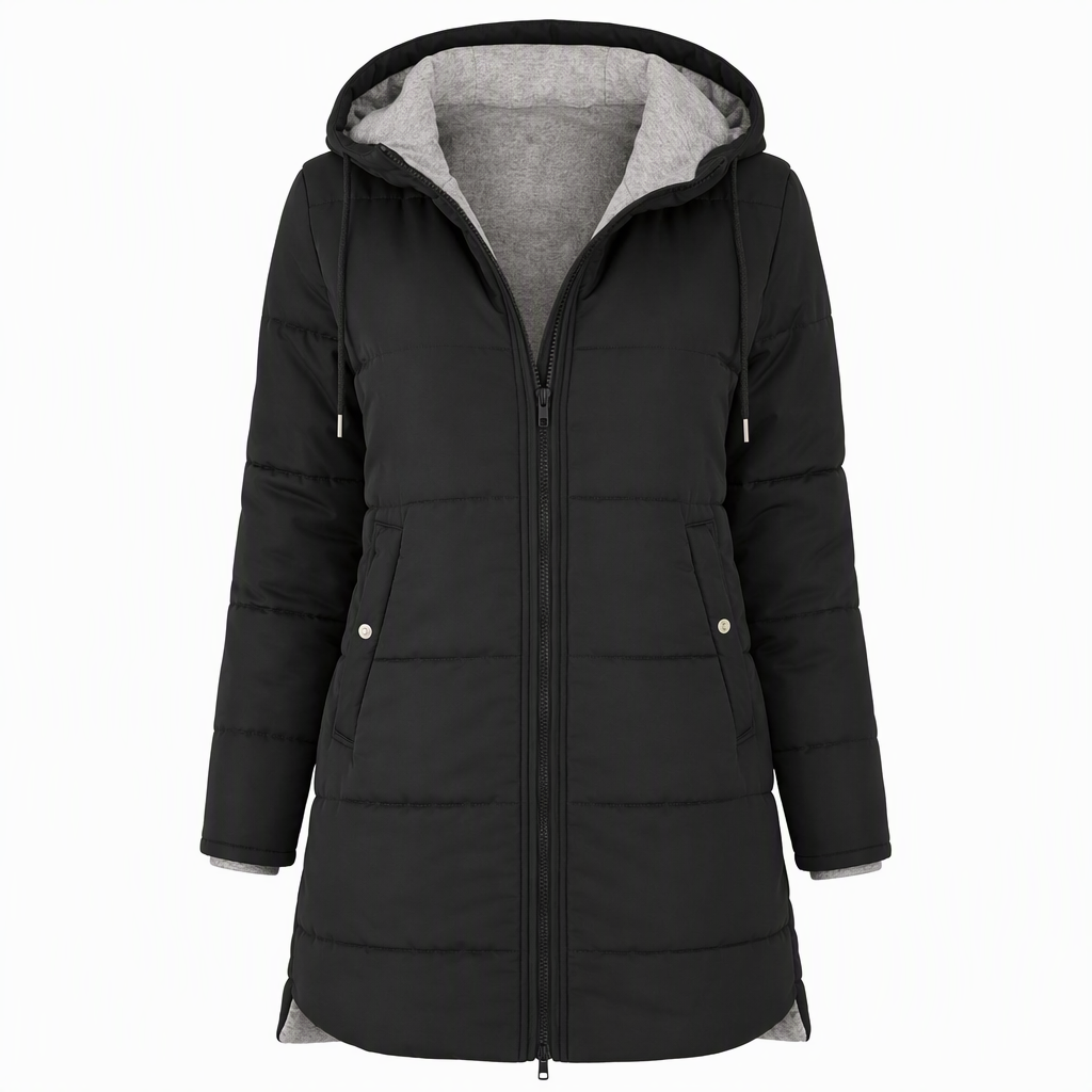Dameslimfittet, lang vinterjakke med hette 🧥