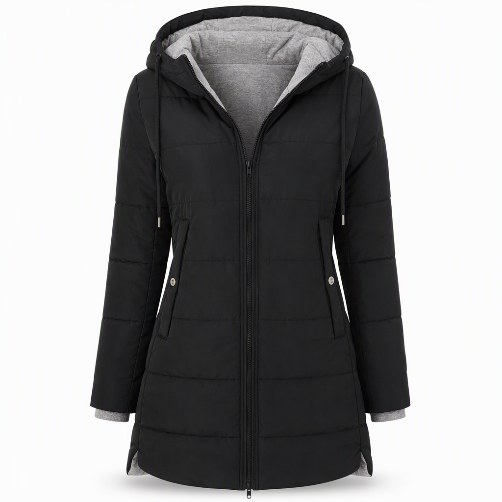 Dameslimfittet, lang vinterjakke med hette 🧥