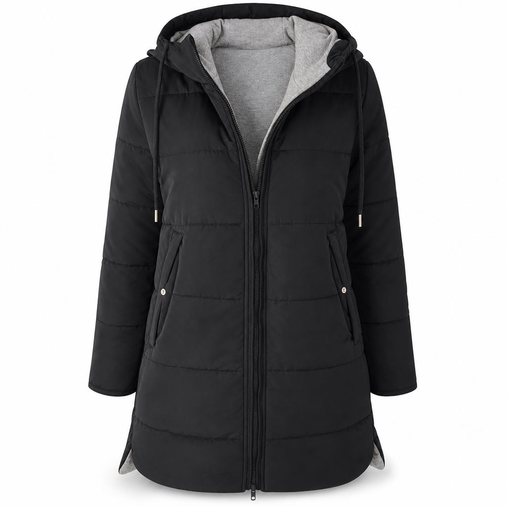 Dameslimfittet, lang vinterjakke med hette 🧥