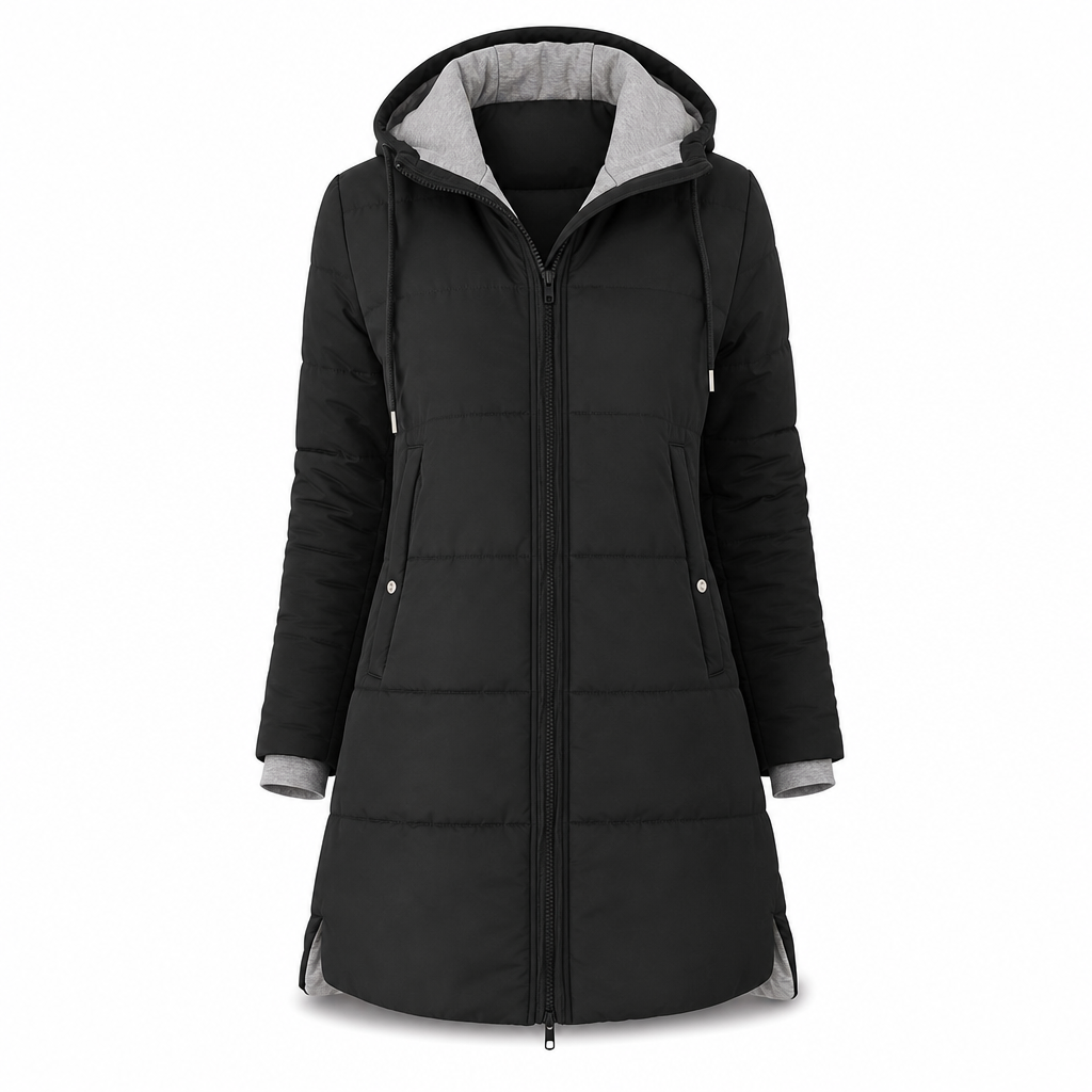 Dameslimfittet, lang vinterjakke med hette 🧥