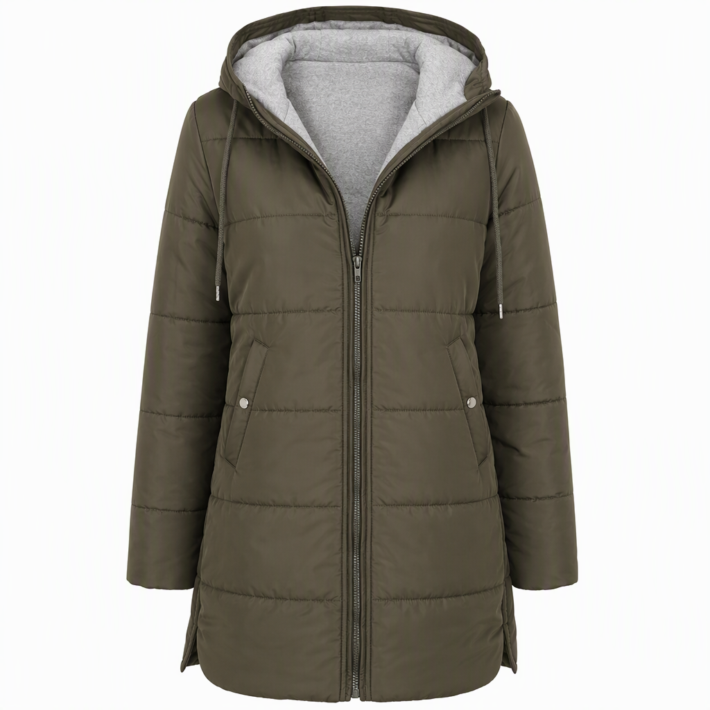 Dameslimfittet, lang vinterjakke med hette 🧥
