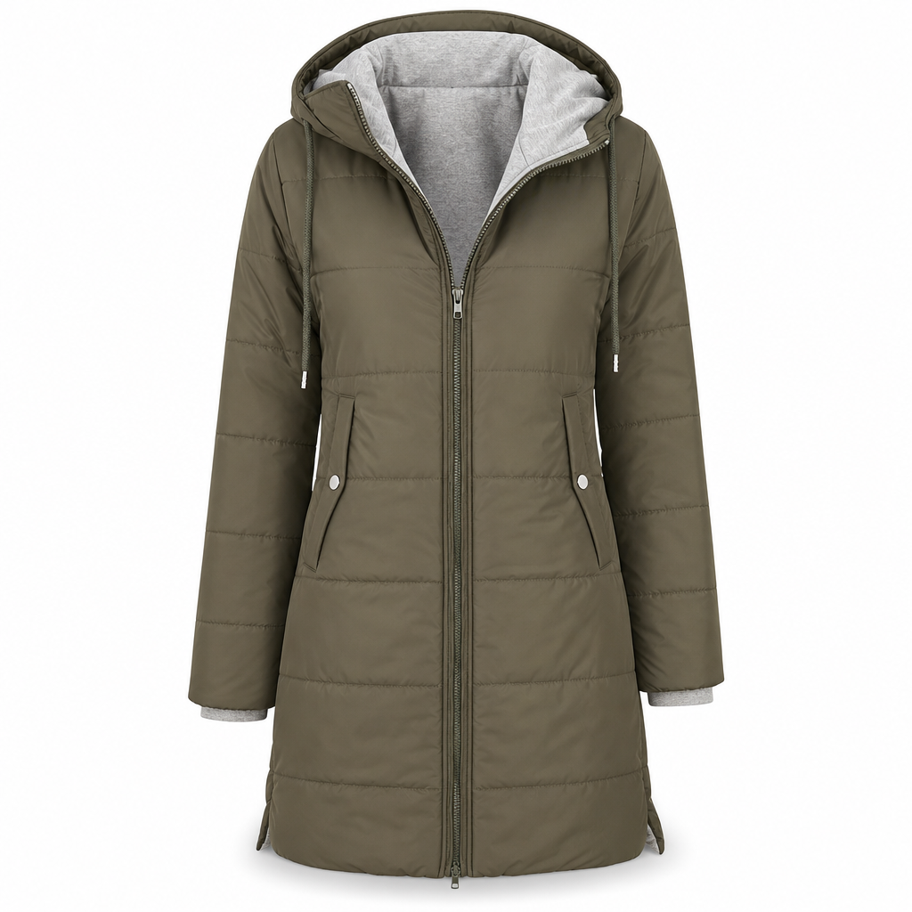Dameslimfittet, lang vinterjakke med hette 🧥