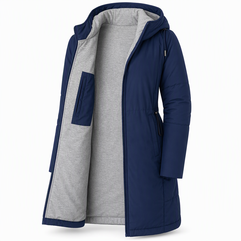 Dameslimfittet, lang vinterjakke med hette 🧥