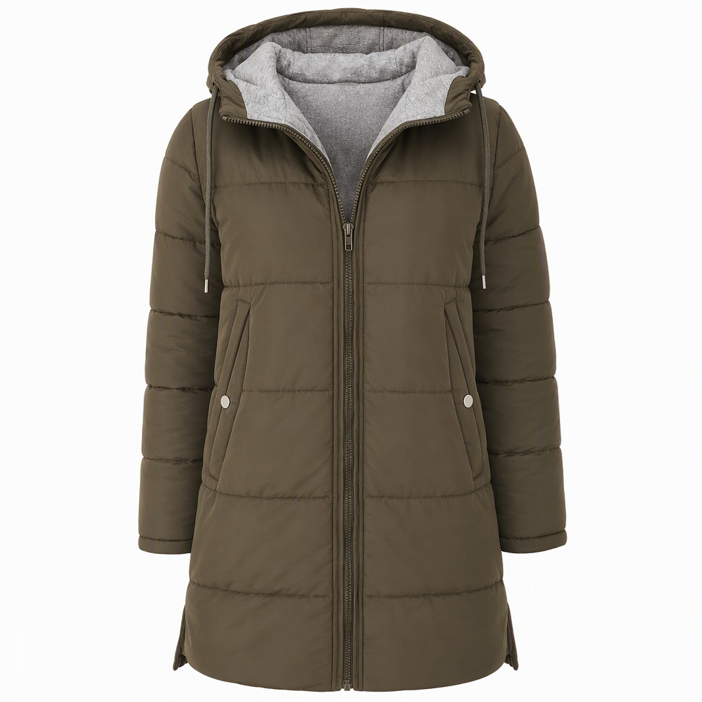 Dameslimfittet, lang vinterjakke med hette 🧥