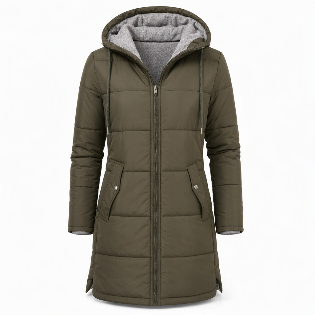Dameslimfittet, lang vinterjakke med hette 🧥