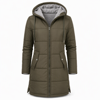 Dameslimfittet, lang vinterjakke med hette 🧥