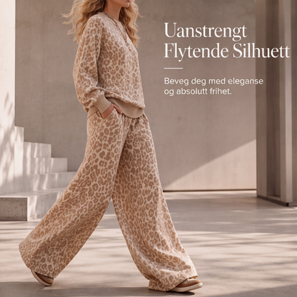 Damesett med leopardtrykk: genser og bukser med vide ben
