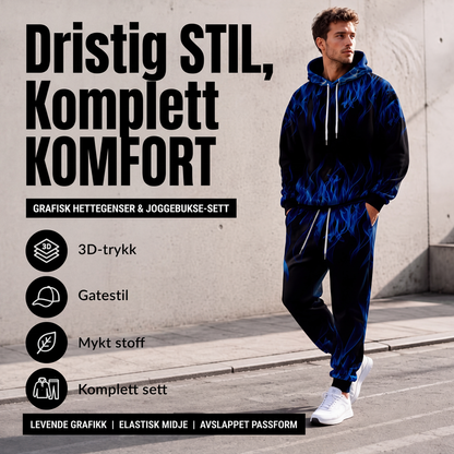 Trykt hettegenser og joggebukse-sett for menn