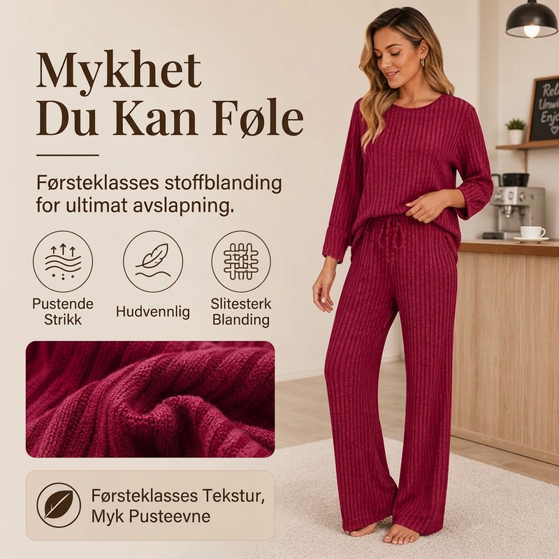 Ribbestrikket overdel og rette buksesett for kvinner