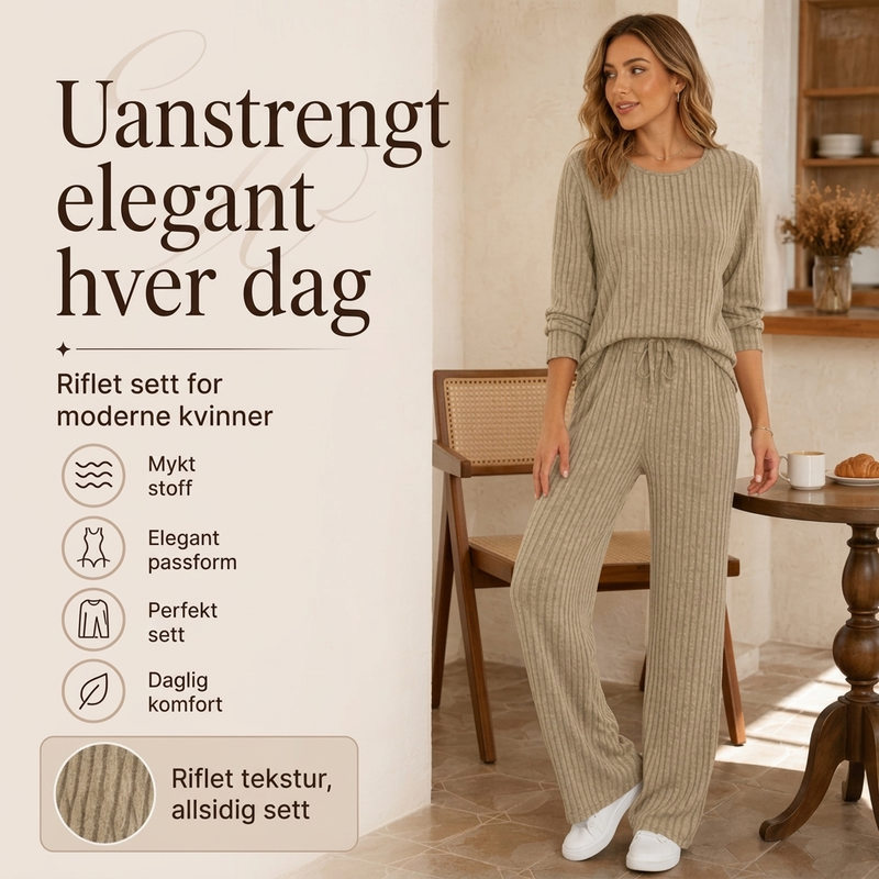 Ribbestrikket overdel og rette buksesett for kvinner