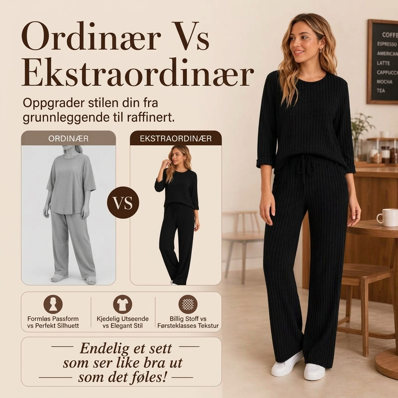 Ribbestrikket overdel og rette buksesett for kvinner