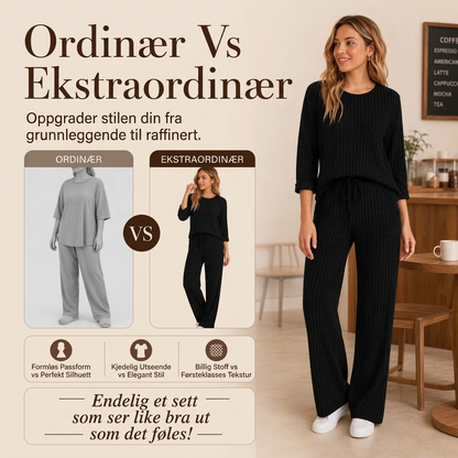Ribbestrikket overdel og rette buksesett for kvinner
