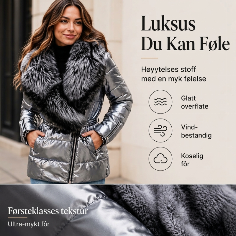 Damesydd jakke med krage av kunstig pels