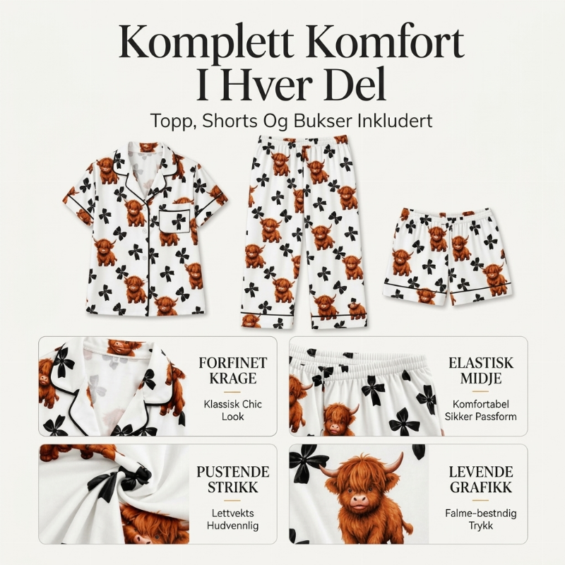 3-dørs pysjsett for kvinner med høylansku-ku-mønster