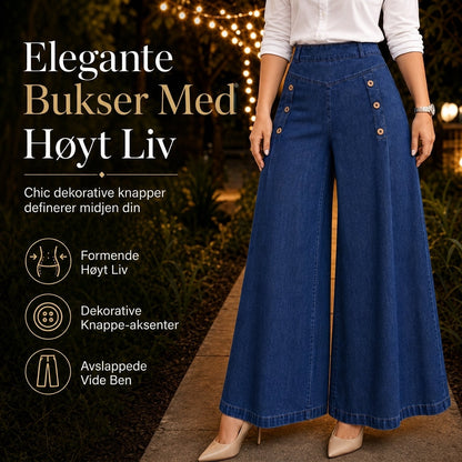 Høytaljede, vidbeinte stretch-jeans med dekorative knapper