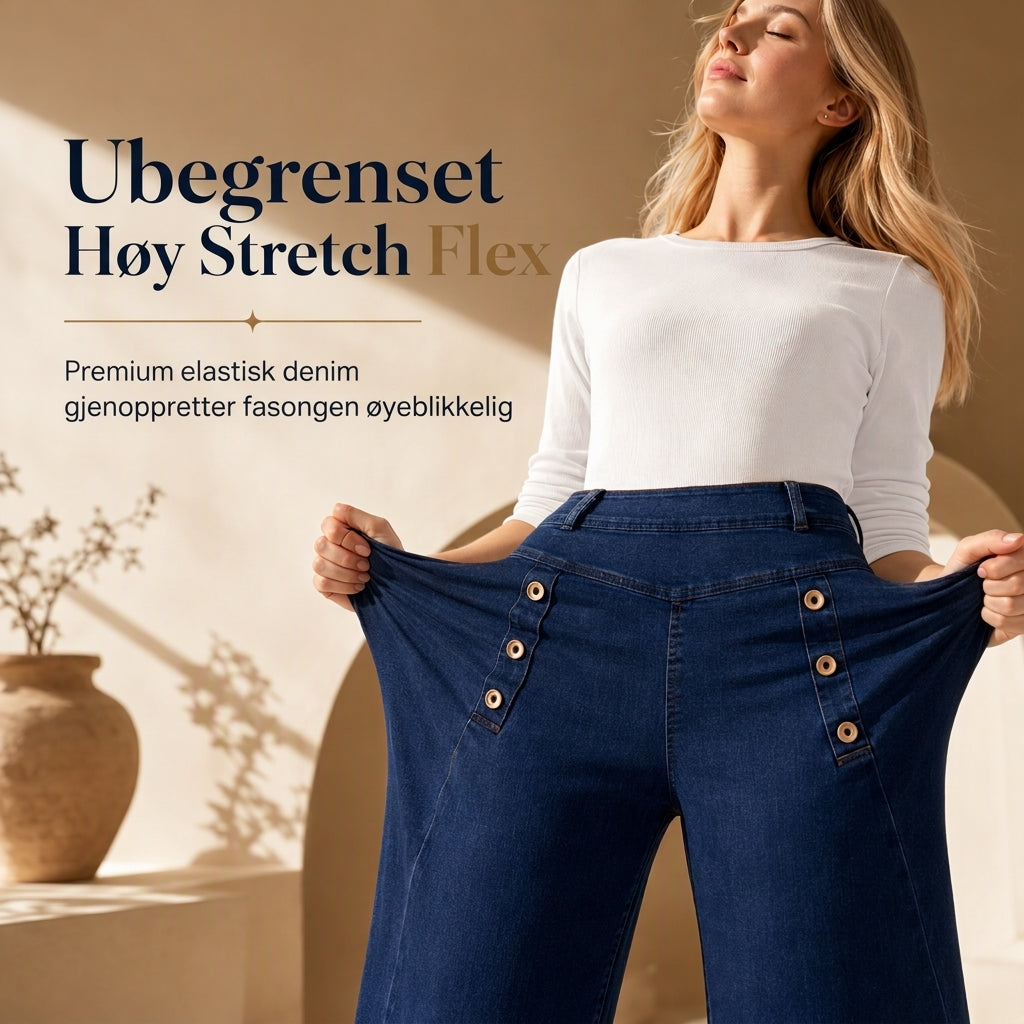 Høytaljede, vidbeinte stretch-jeans med dekorative knapper