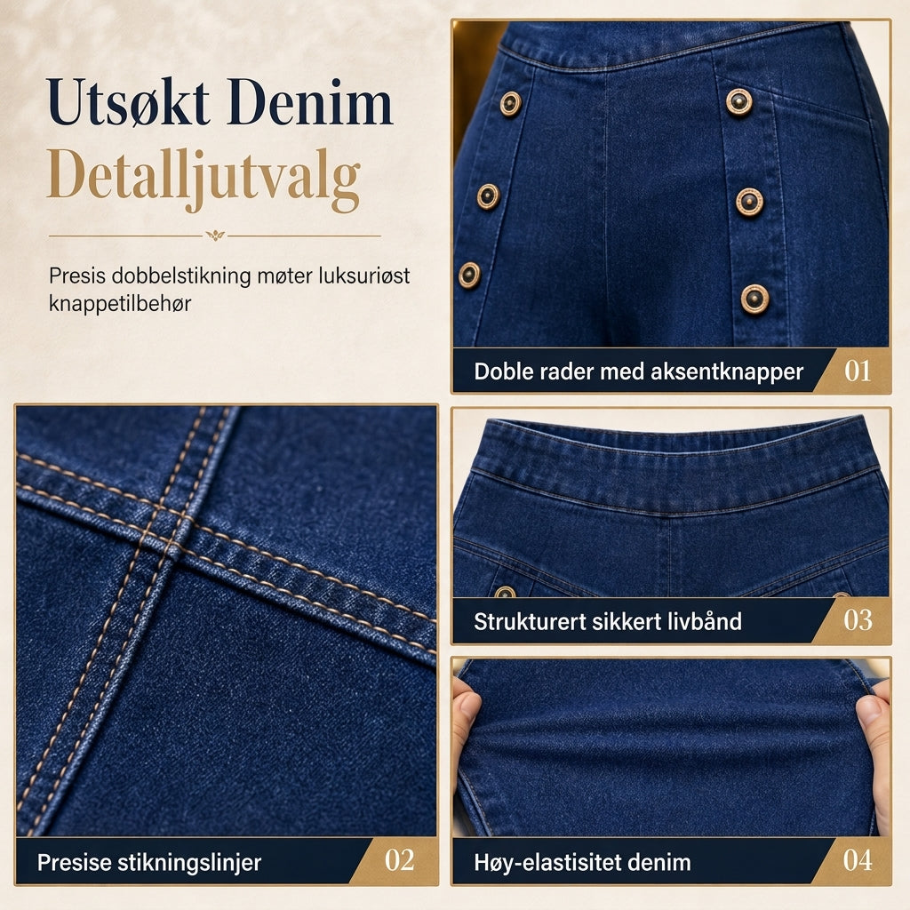 Høytaljede, vidbeinte stretch-jeans med dekorative knapper