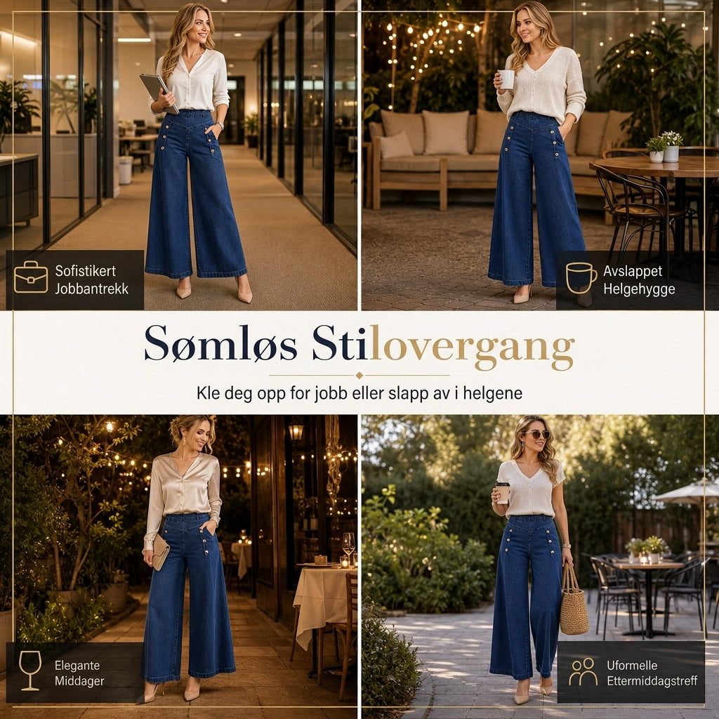 Høytaljede, vidbeinte stretch-jeans med dekorative knapper