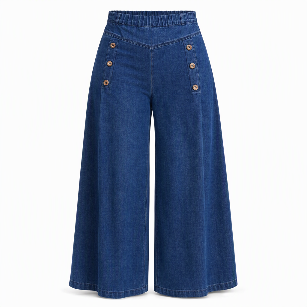 Høytaljede, vidbeinte stretch-jeans med dekorative knapper