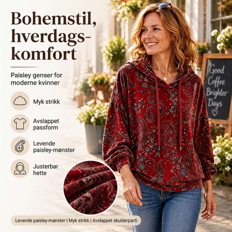 Hætt genser med paisley-mønster og snøring for kvinner