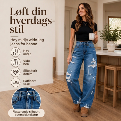Elegant kvinner i slitne denim-bukser med vide ben