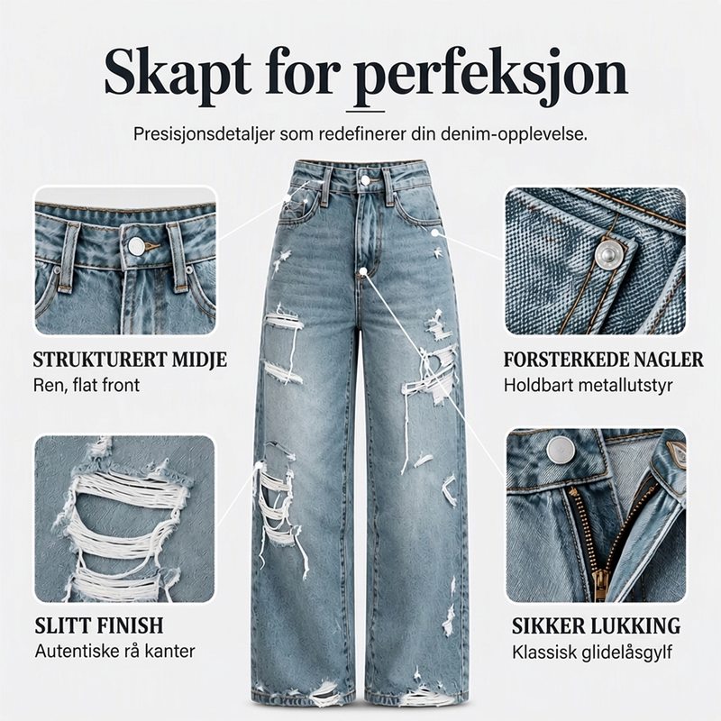 Elegant kvinner i slitne denim-bukser med vide ben