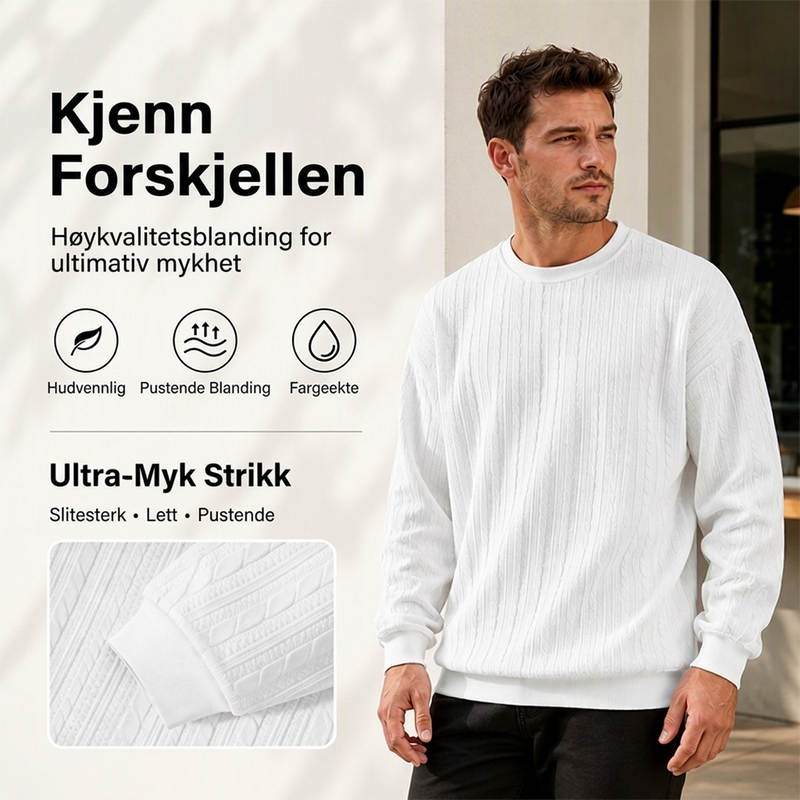Herre genser med kabelstrikk og rund hals