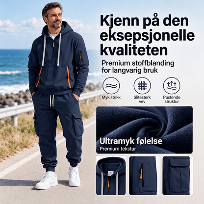 Varm halvglidelås hettegenser og cargo-bukse sett for herrer