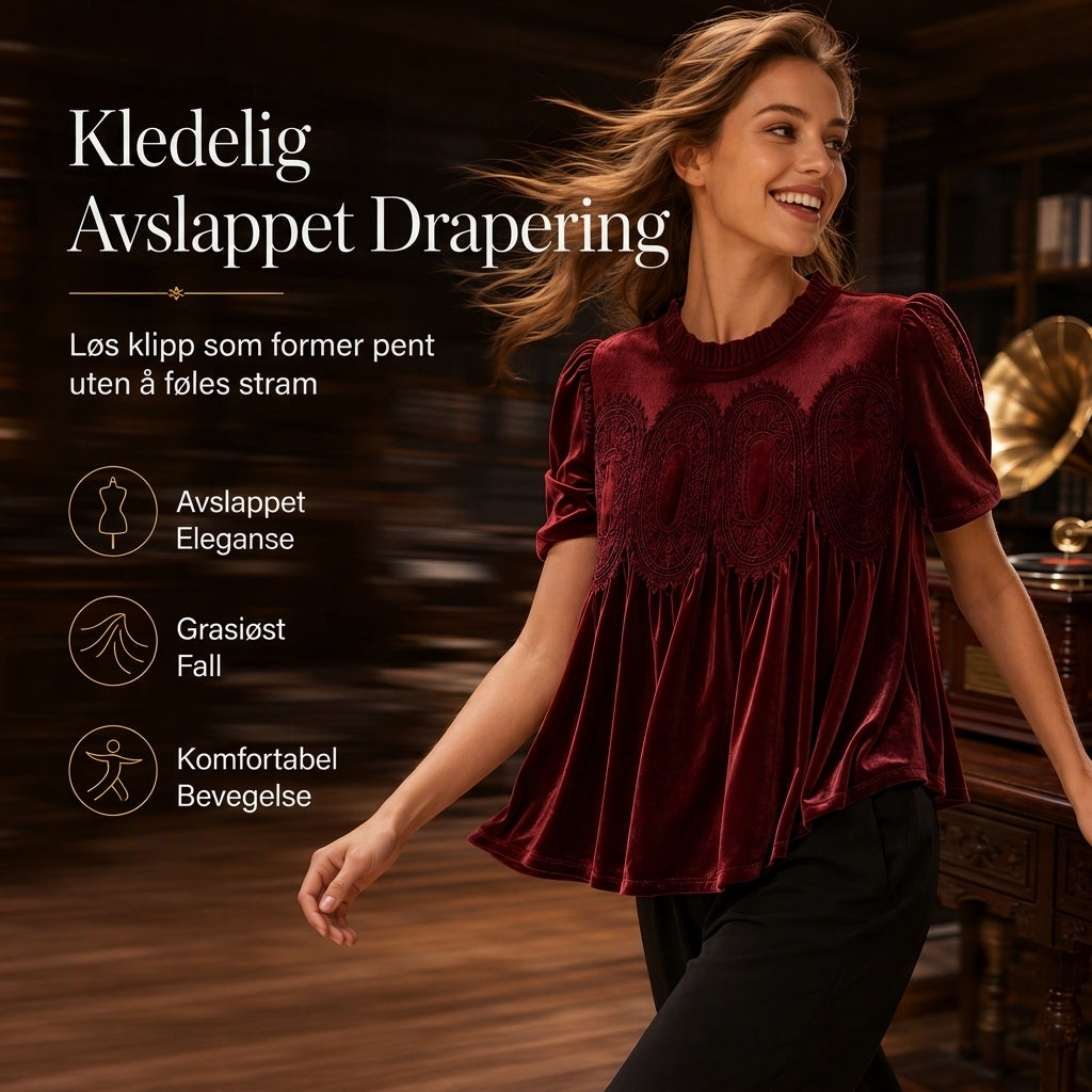 Dame-bluse med korte ermer og volangkrage, ensfarget