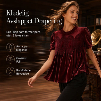 Dame-bluse med korte ermer og volangkrage, ensfarget