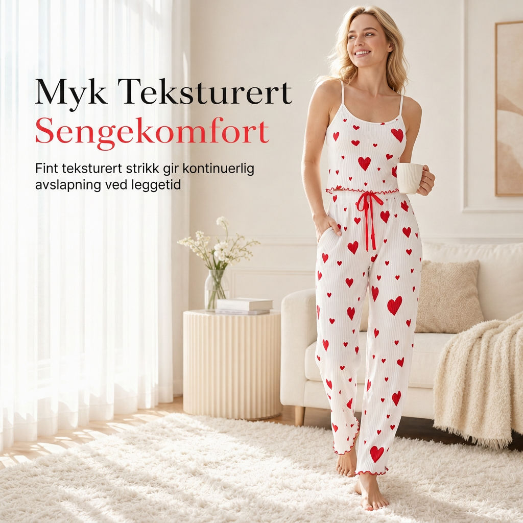 Damesett i ribbestrikk, 2 deler - Pyjamasett med hjerteprintet camisole-topp og langbukse, loungewear
