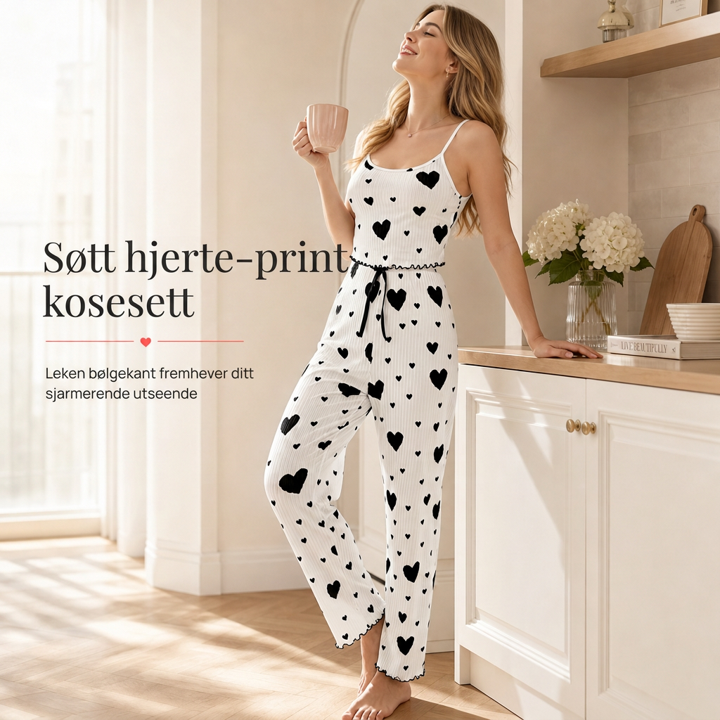 Damesett i ribbestrikk, 2 deler - Pyjamasett med hjerteprintet camisole-topp og langbukse, loungewear